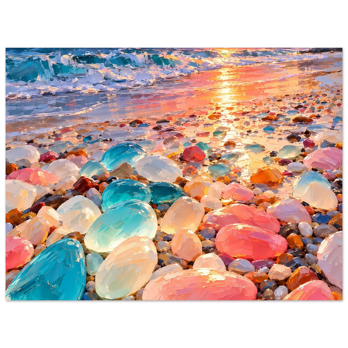 Poster mit Strand bei Abendsonne, breite Ansicht der bunten Glassteine und Wellen