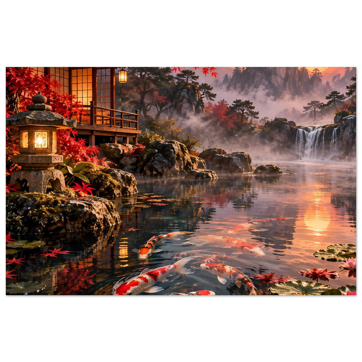 Gerahmtes Landschafts-Poster mit Koi-Fischen im Wasser, Felsenrand, Herbstbäume und Pagodenhaus