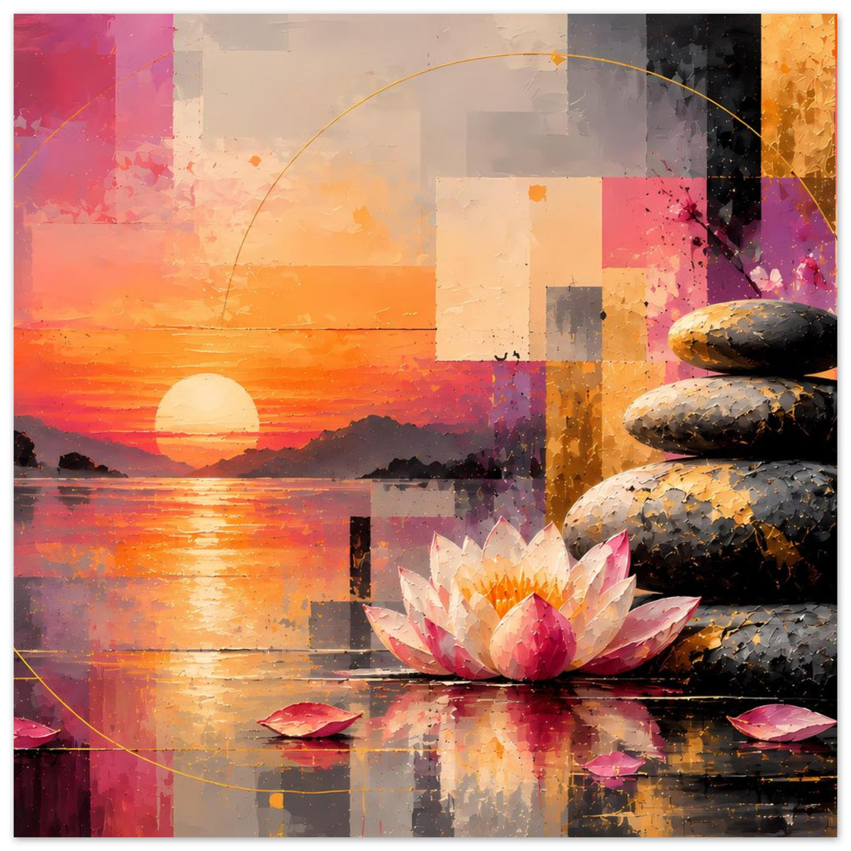 Abstraktes Poster mit Lotusblüte und Zen-Steinen, farbige Quadrate und orangefarbener Himmel
