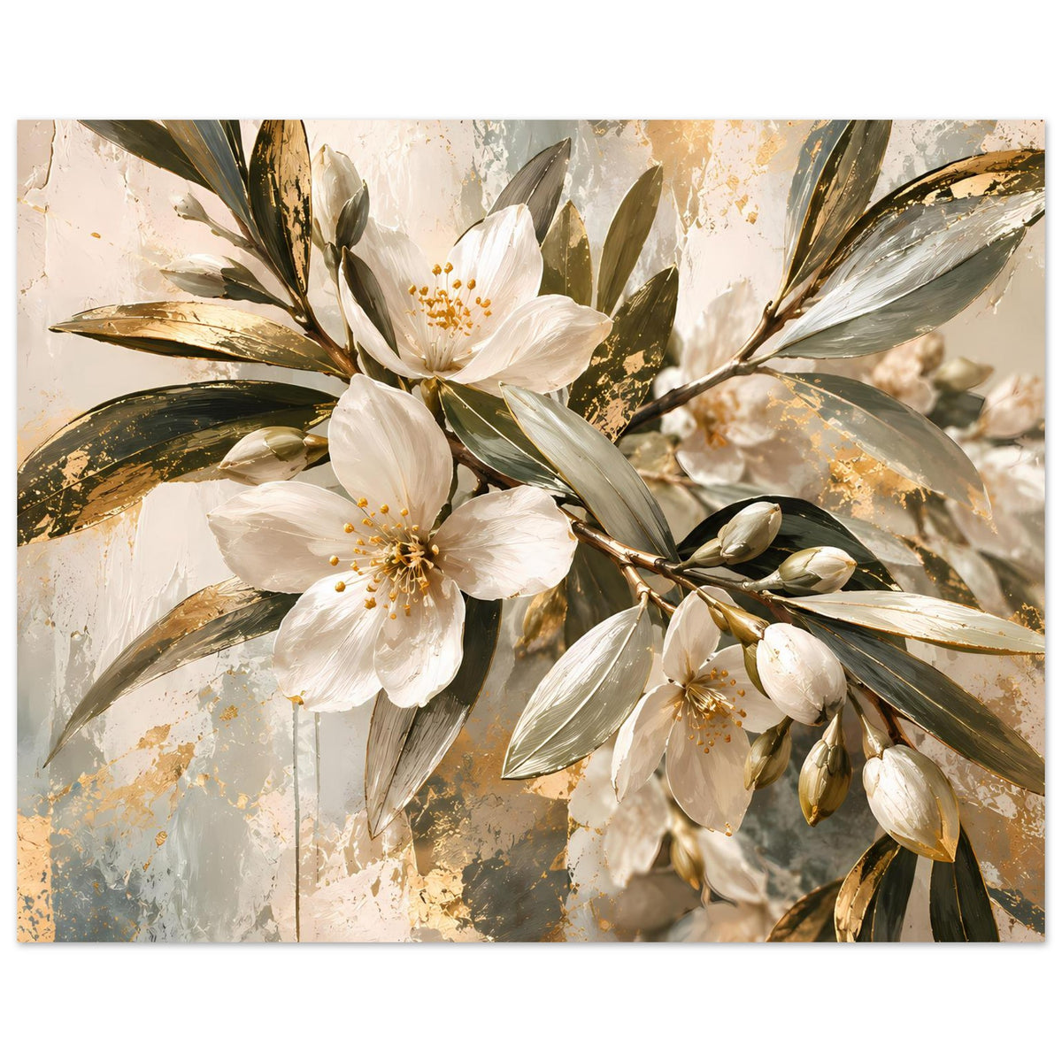 Horizontales Blumenposter mit weißen Blüten und goldfarbenen Sprenkeln, dekorative Blätter