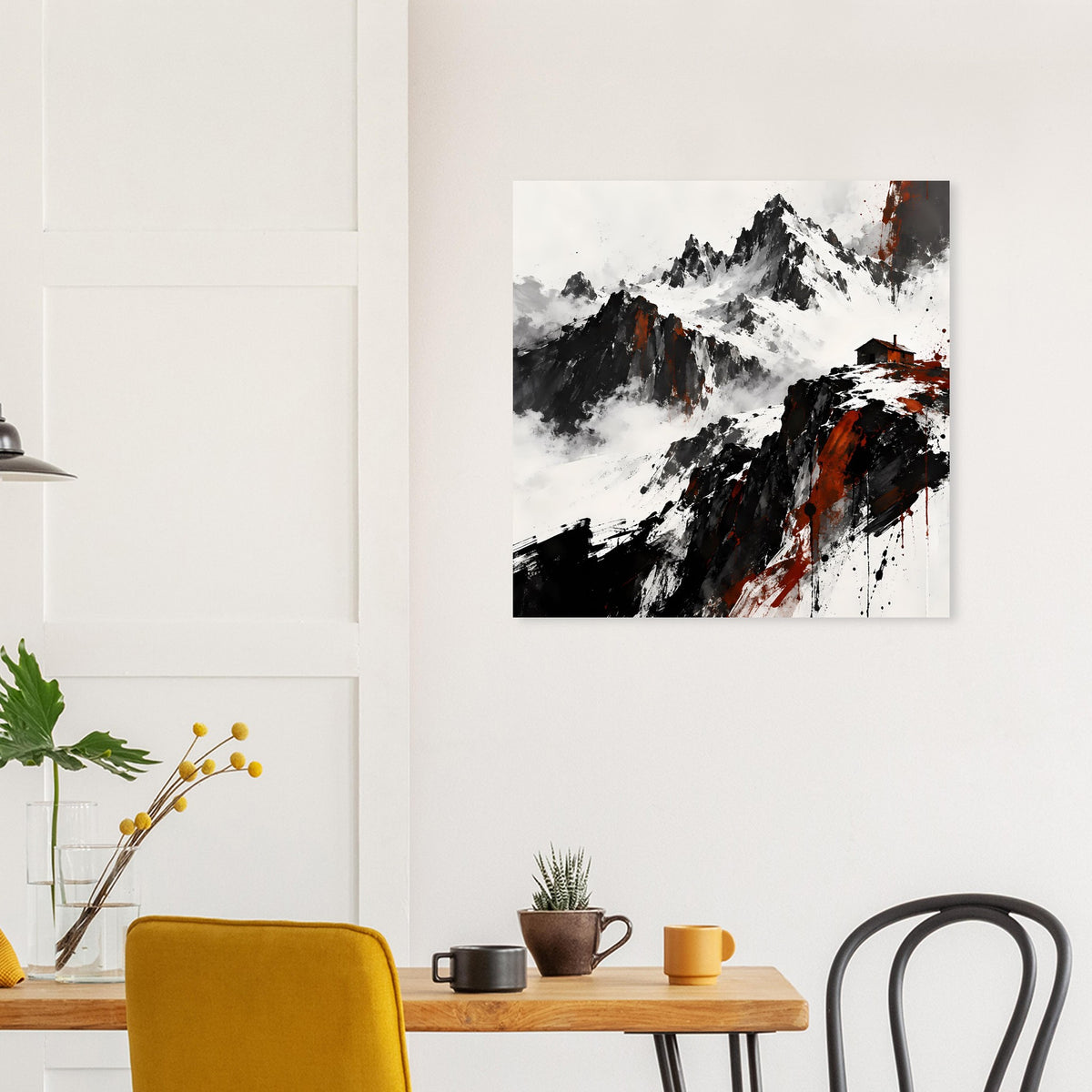 Quadratisches Poster mit Berglandschaft im Stil von Spritzern: Schwarz, Weiß und Rot.