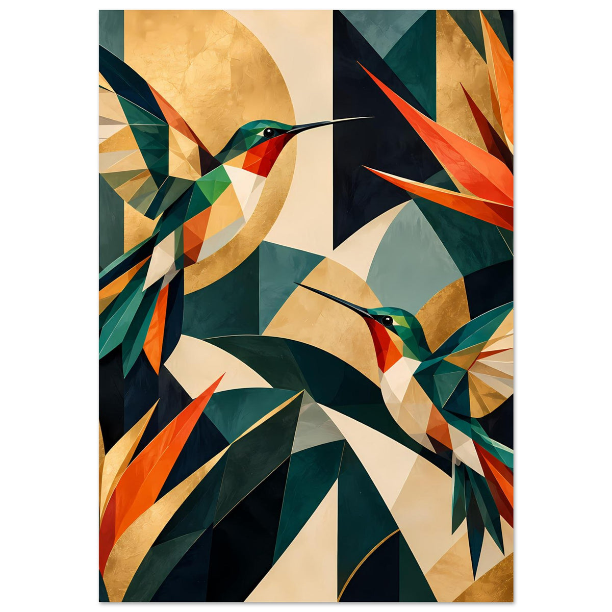 Wandposter mit zwei geometrischen Kolibris und gemusterten Blattformen, vertikale Ansicht