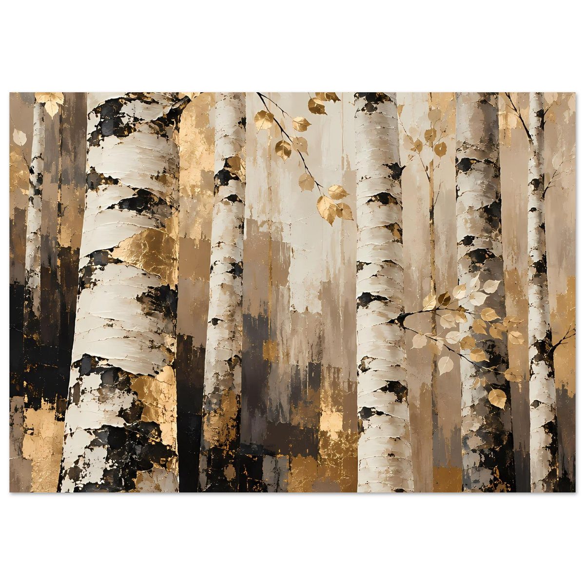 Naturposter mit Birkenstämmen und goldenen Blättern, warmen Erdtönen, querformatig