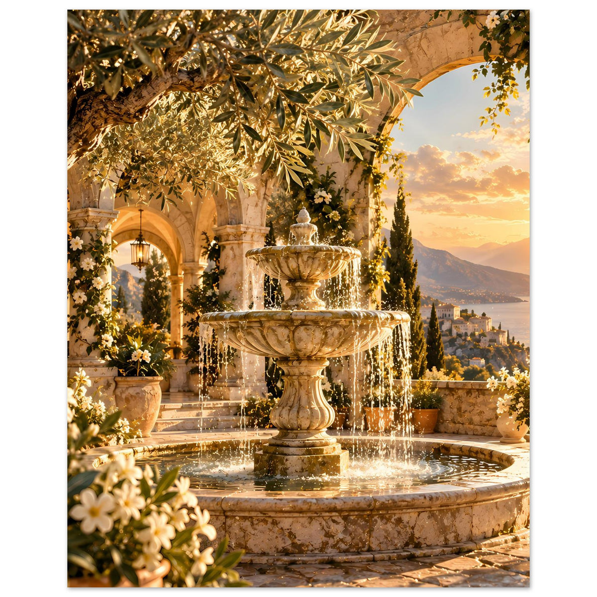 Kunstposter: Brunnenfontäne mit goldenen Blattzweigen, Blumen im Vordergrund und Sonnenuntergang