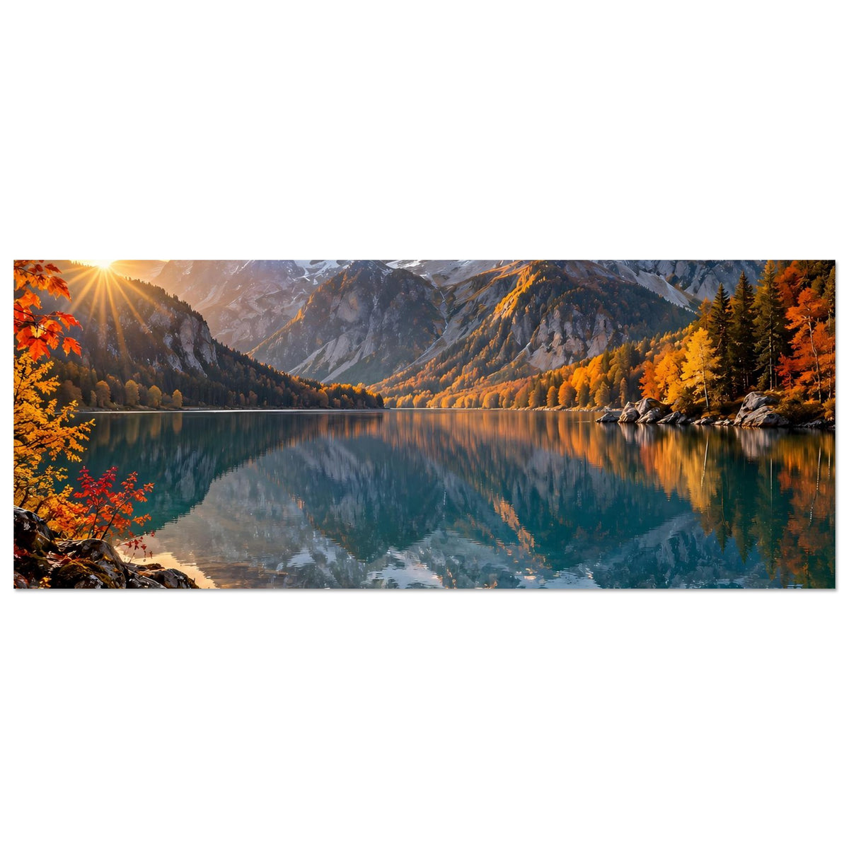 Herbstliches Panorama-Poster mit Bergen und See, Spiegelung und gelben Nadelbäumen