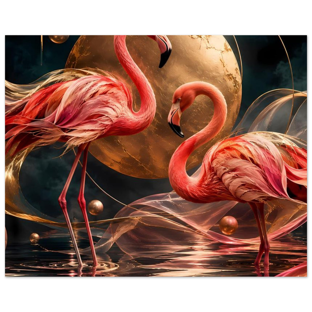 Kunstposter: Flamingos in Rosa, goldene Mondkugel und Spiegelungen auf Wasser