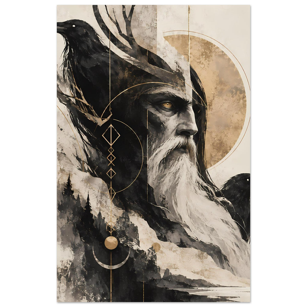 Kunstposter im Hochformat: Weiser mit Rabe, Halbmond, Kreise und Linien in Schwarz