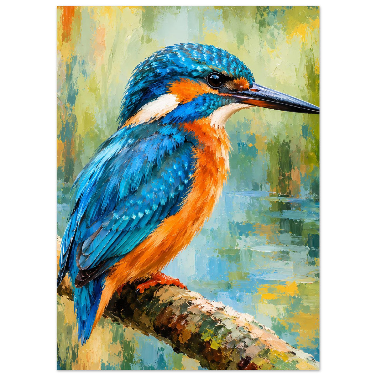 Poster im Motivfokus: Eisvogel auf Ast, blaues Gefieder und orangefarbene Partie