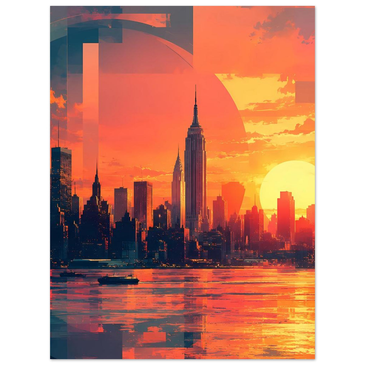 Vertikales Poster mit Skyline bei orangefarbenem Sonnenuntergang und Spiegelung im Wasser.