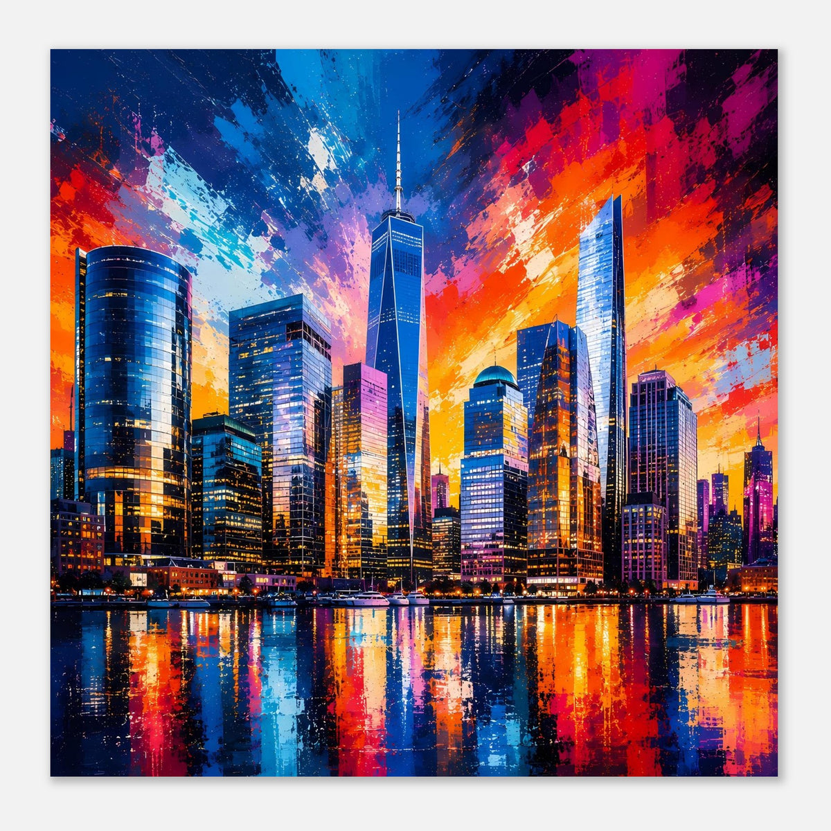 Nahansicht des Posters: leuchtende Skyline mit Reflexion im Wasser, kräftige Blau-Orange-Farben.