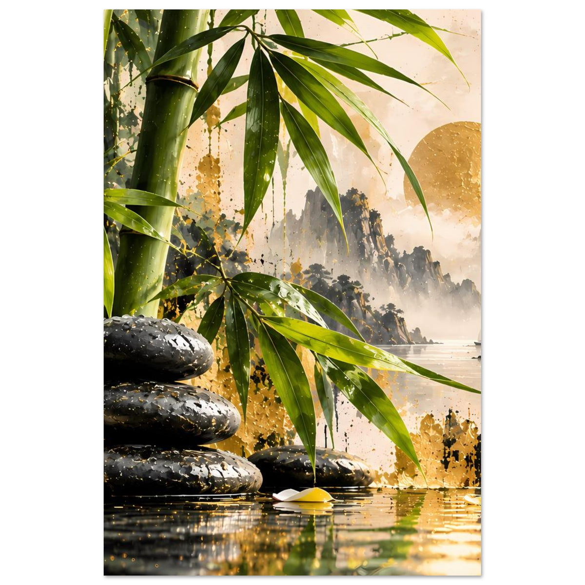 Harmonie-Poster mit Bambuszweigen, goldener Sonne, schwarzen Steinen und Seelandschaft