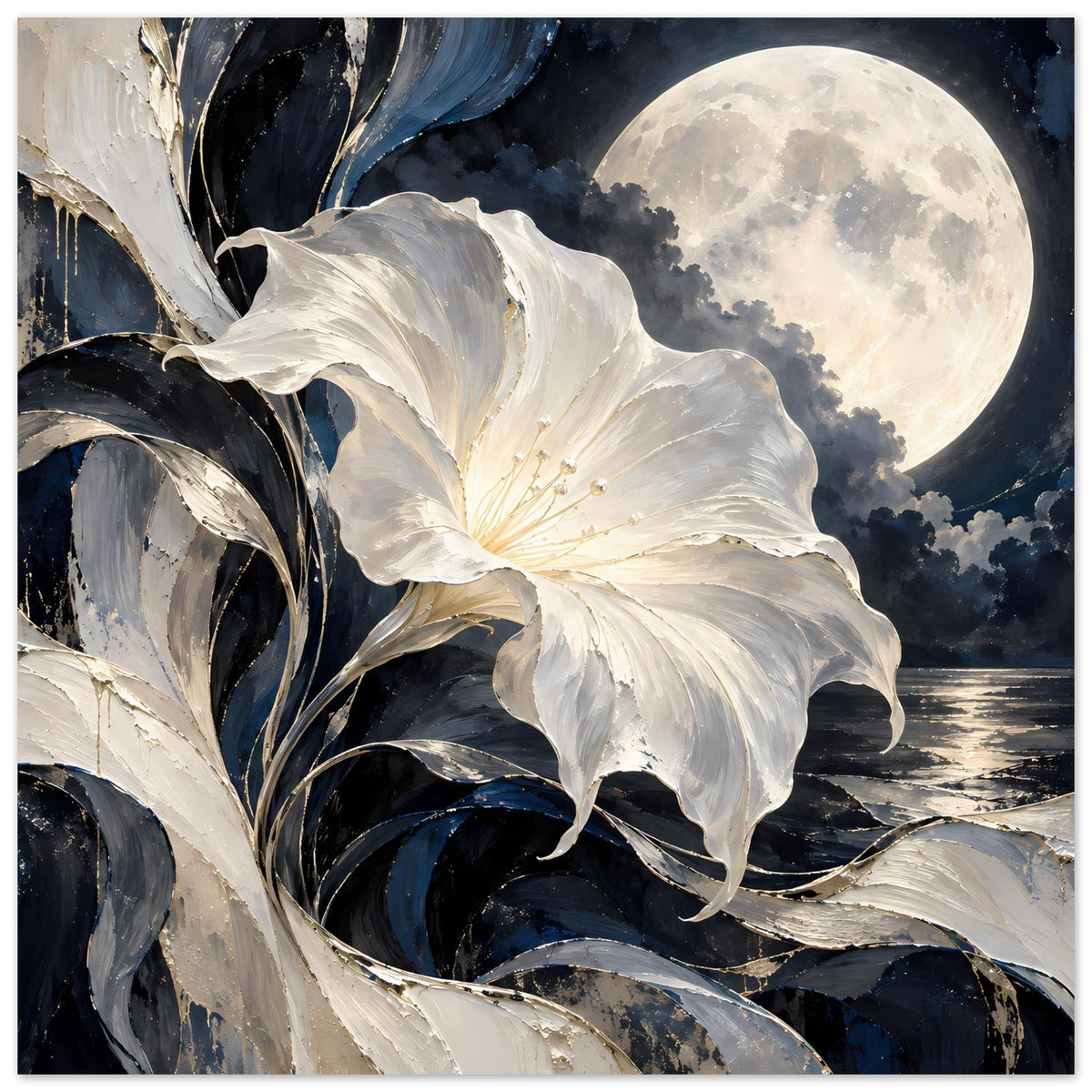 Blumenposter mit großer weißer Blüte, Mond und Wolken über dunklem Meer
