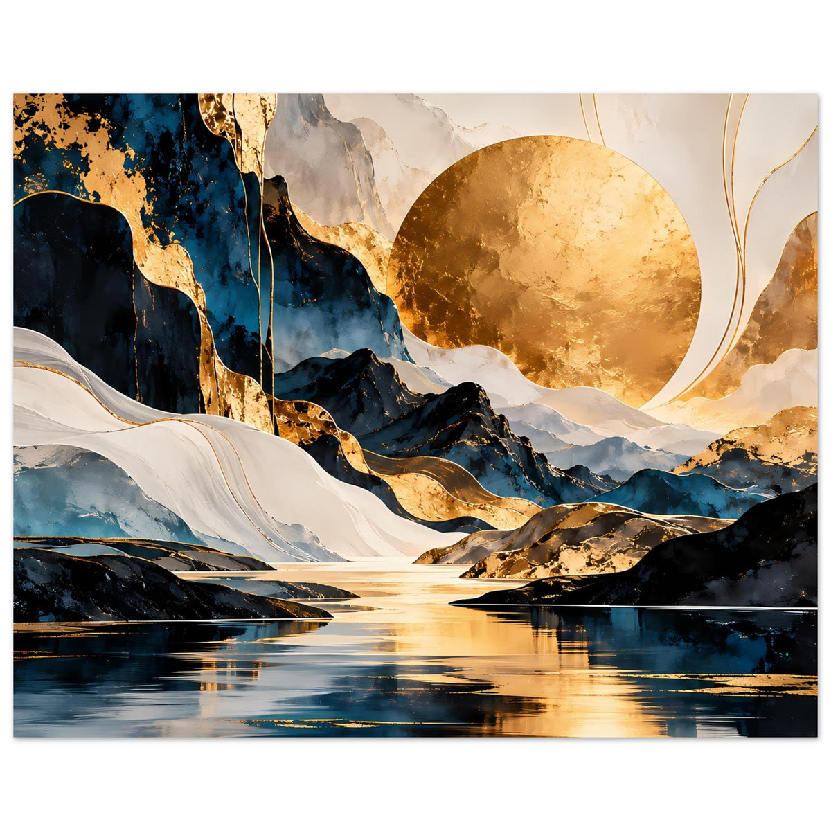 Abstraktes Kunstposter mit Gebirgslandschaft, goldener Sonne, Mondkreis und Spiegelung im Wasser