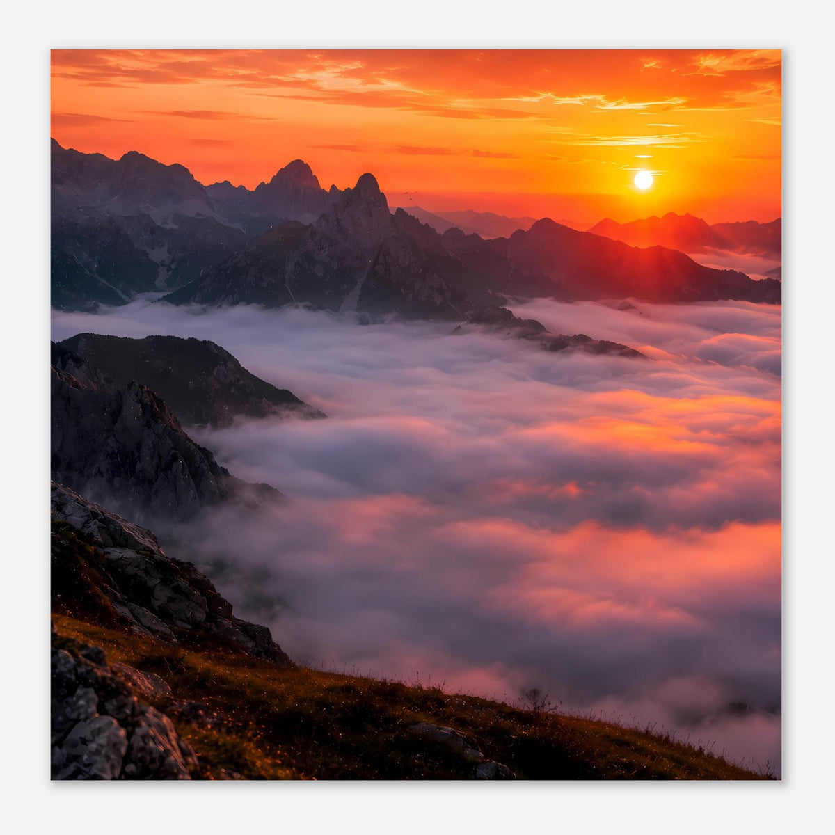Poster im Querformat mit Sonnenuntergang über Bergen und Wolkenmeer im Hintergrund.