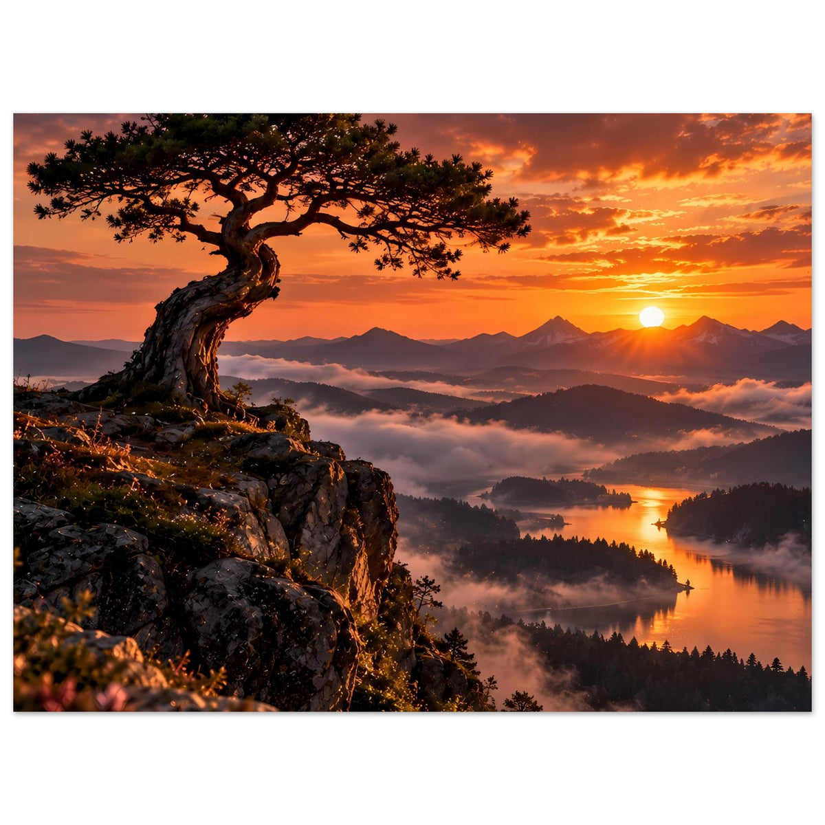Landschafts-Panorama Poster mit Baum auf Felsvorsprung, orangefarbener Himmel und Nebel