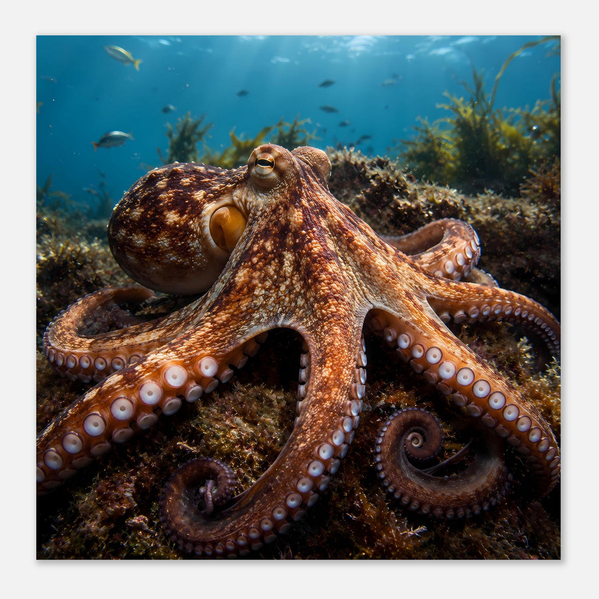 Poster mit Oktopus im Unterwasser-Look, zentriertes Motiv mit braun-orangenen Armen