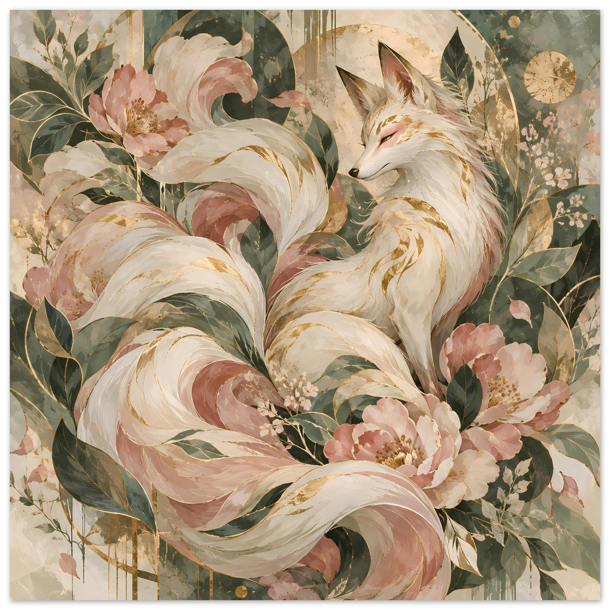 Poster mit mystischem Fuchs, Blüten und Blättern in Rosé-, Grün- und Goldtönen