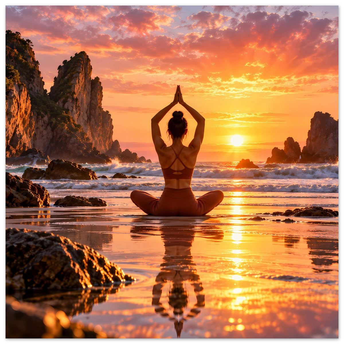 Yoga-Poster (hochkant) mit meditierender Person, reflektierendem Wasser im Sonnenlicht