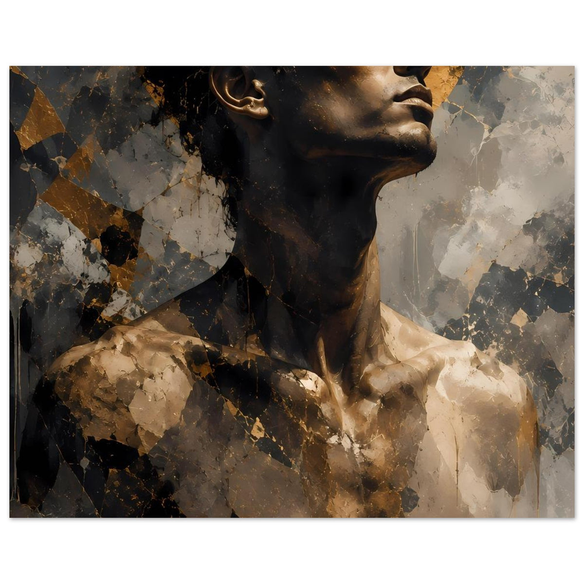 Kunstposter mit abstraktem Männerporträt, seitliches Gesicht, Gold- und Grautöne, Oberkörper