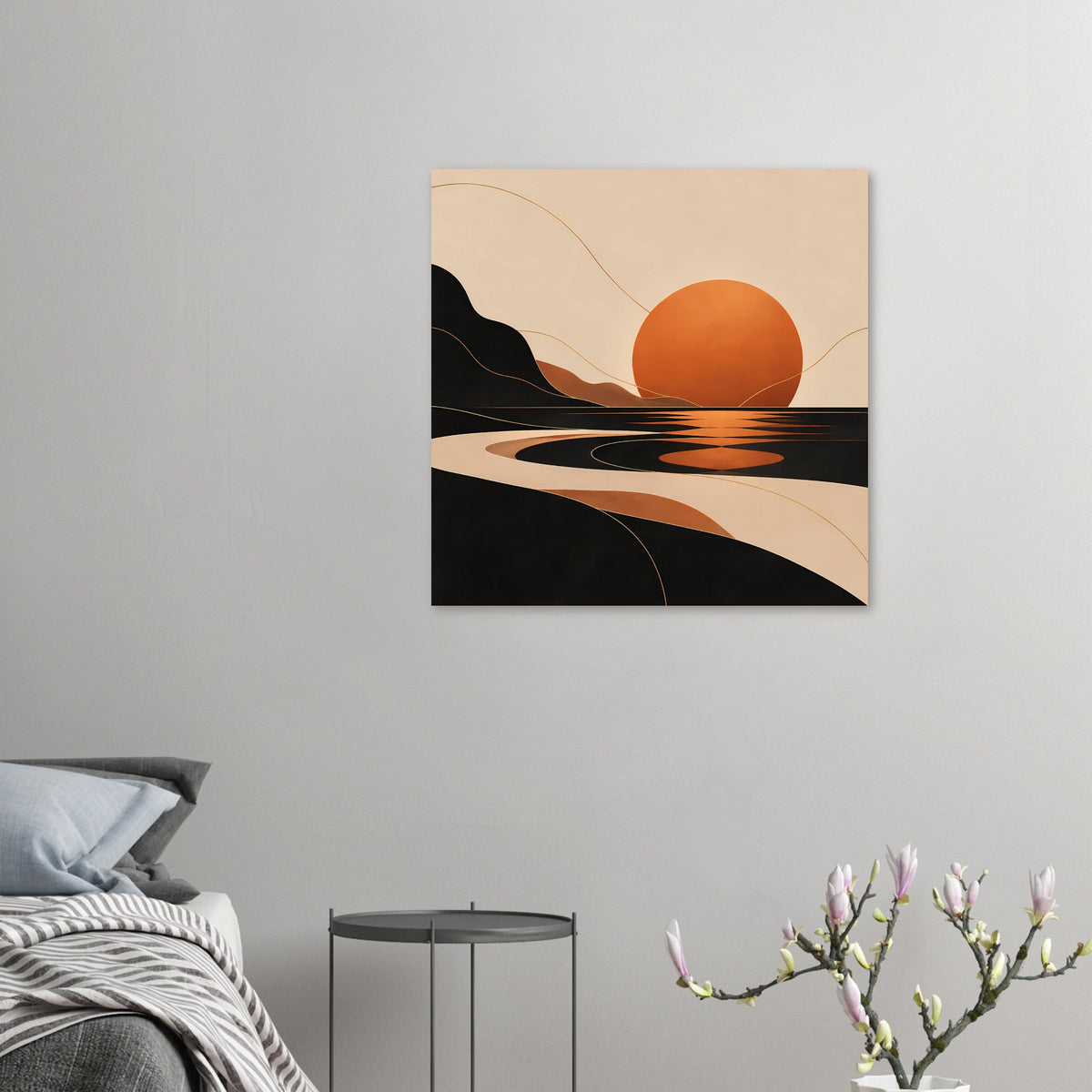 Kleines Poster mit geometrischer Landschaft: orange Sonne, schwarze Wellen, goldene Linien