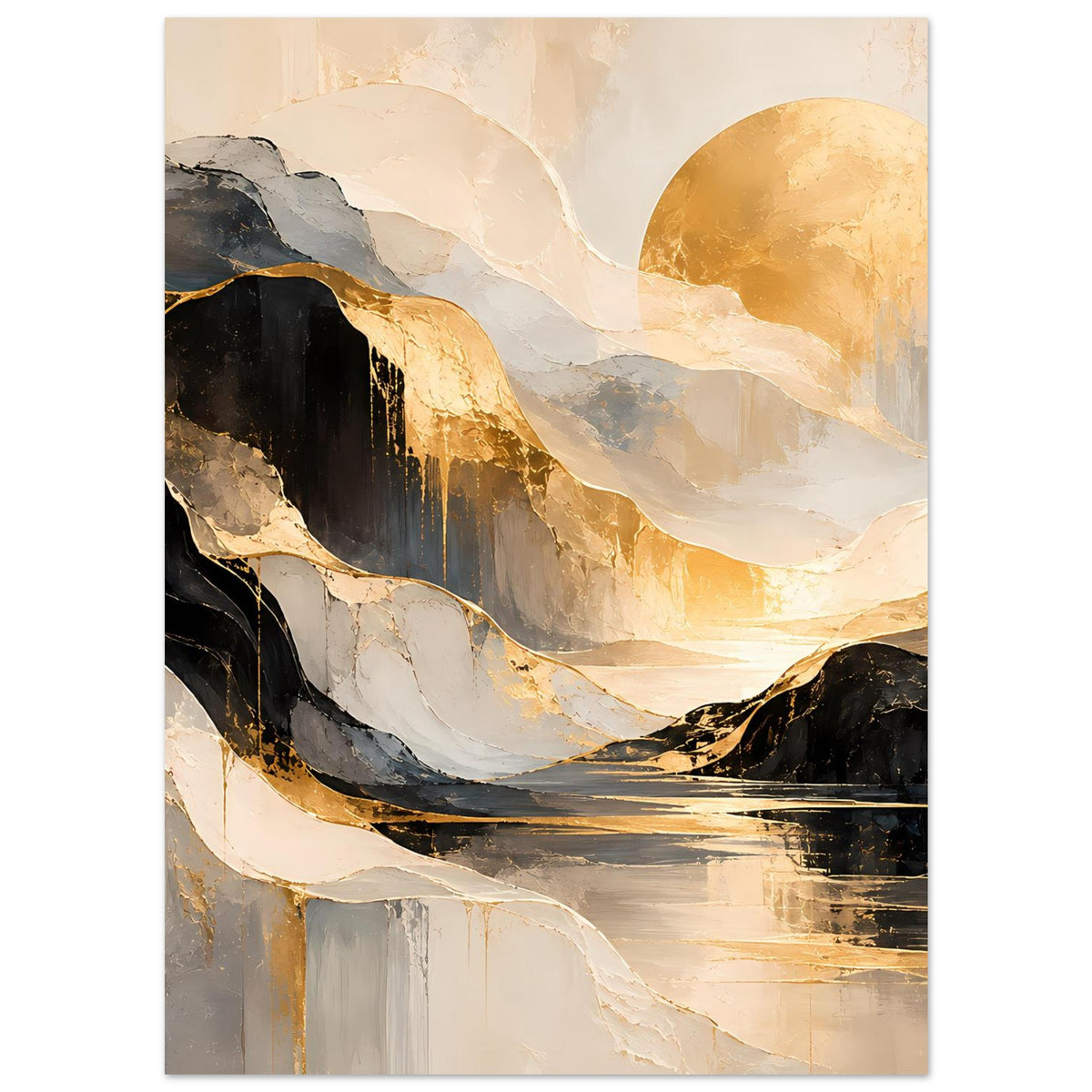 Abstraktes Gold-Schwarz-Kunstposter, vertikal, reflektierende Wasserfläche in Beige und Schwarz
