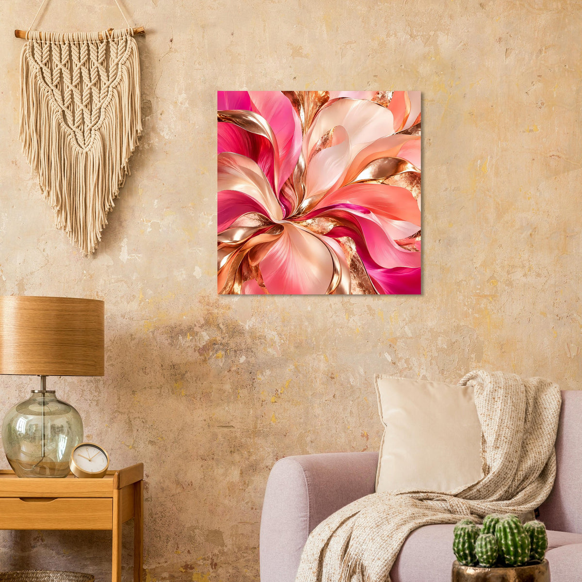 Quadratisches abstraktes Blumenposter mit floralen Wirbeln in Rosa und Gold