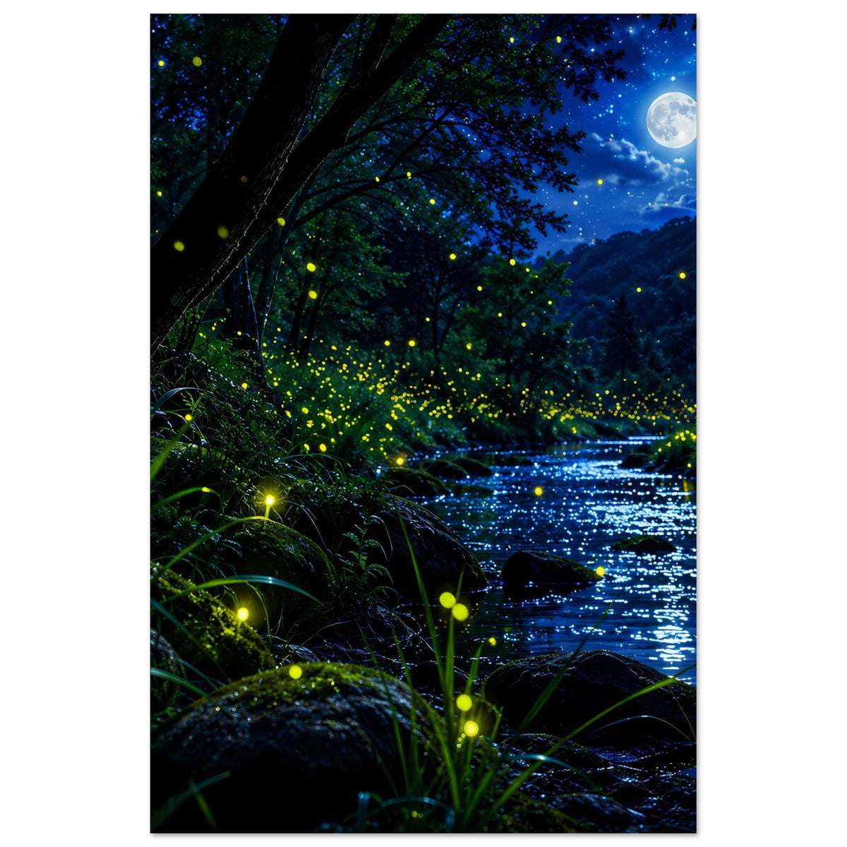 Poster im Hochformat: Nachtwald am Fluss mit leuchtenden Glühwürmchen und Mond
