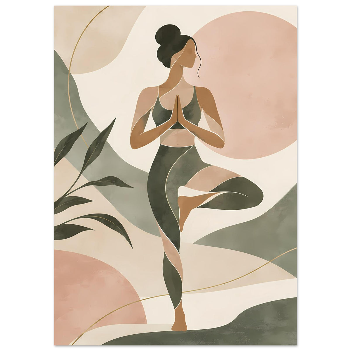 Poster mit abstrakter Yogafigur in Salbeigrün und Rosé