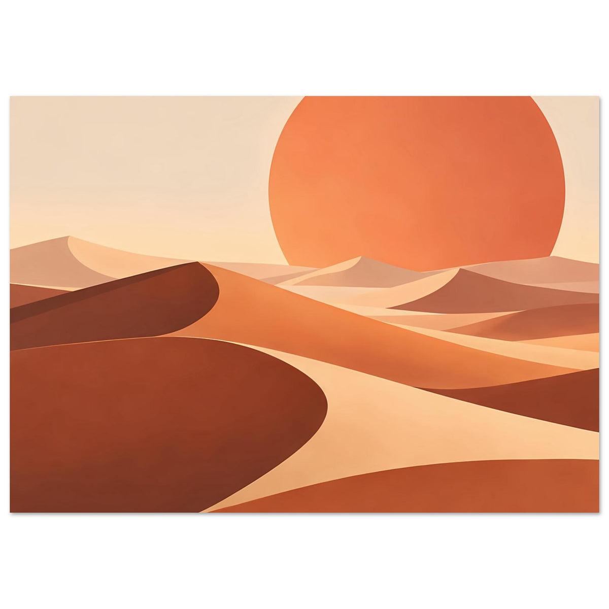 Horizontales Wandposter mit Wüstenabstraktion: orange Sonne, gestreifte Dünen in Ocker