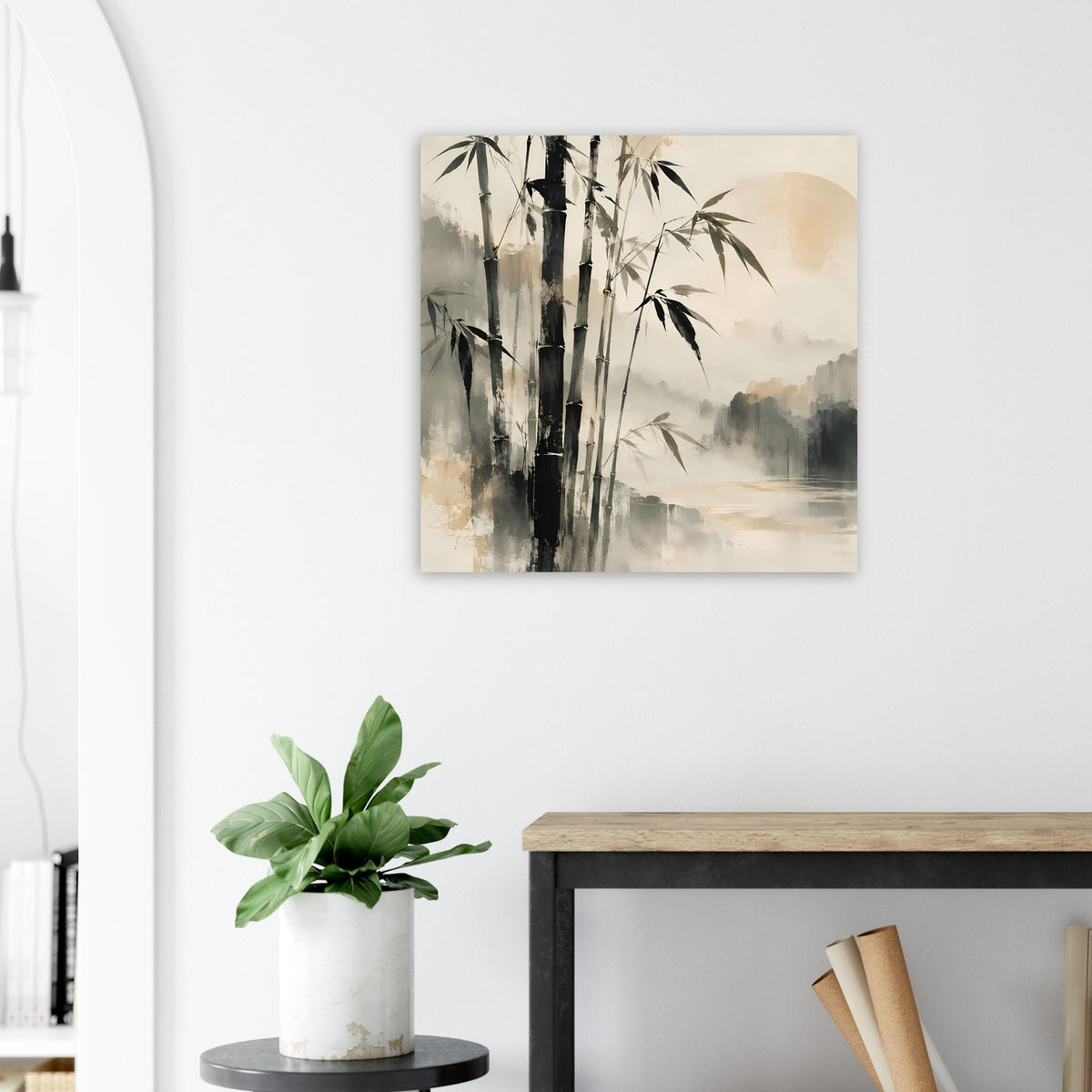 Rechteckiges Wandbild mit Bambusstämmen, grauen Nebelflächen und hellem beigen Hintergrund