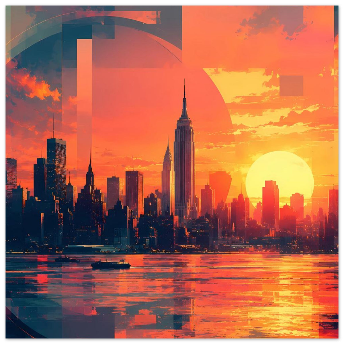 Quadratisches Stadtposter mit Sonnenuntergang, markanter Skyline und gelber Sonne