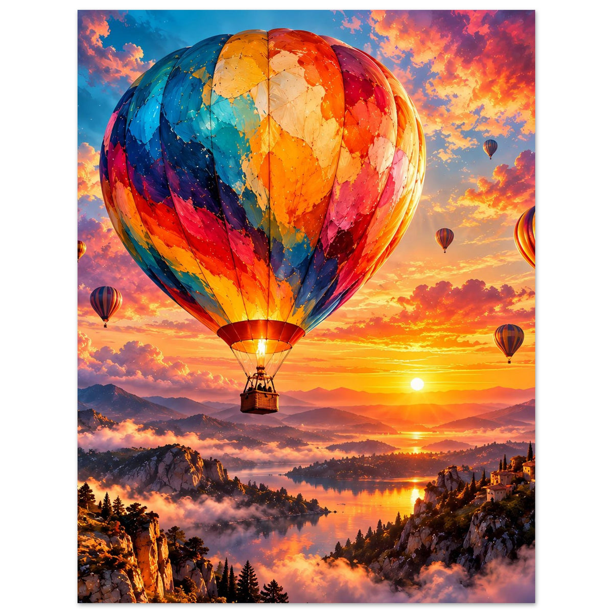Poster mit Heißluftballons bei Sonnenuntergang, farbiger Himmel und Berglandschaft