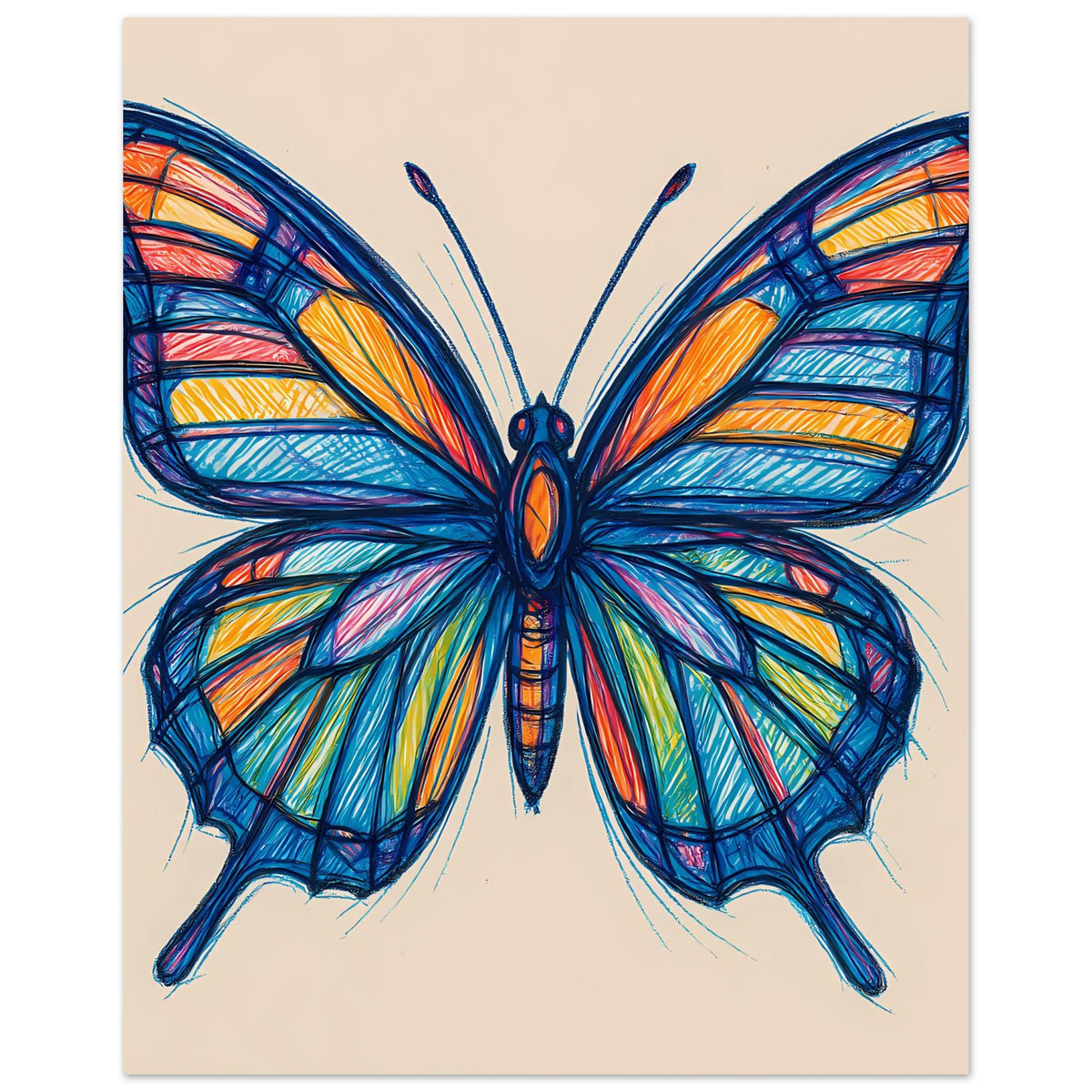 Schmetterlings-Poster: detaillierter Schmetterling mit bunten Flügeladern und Streifen.