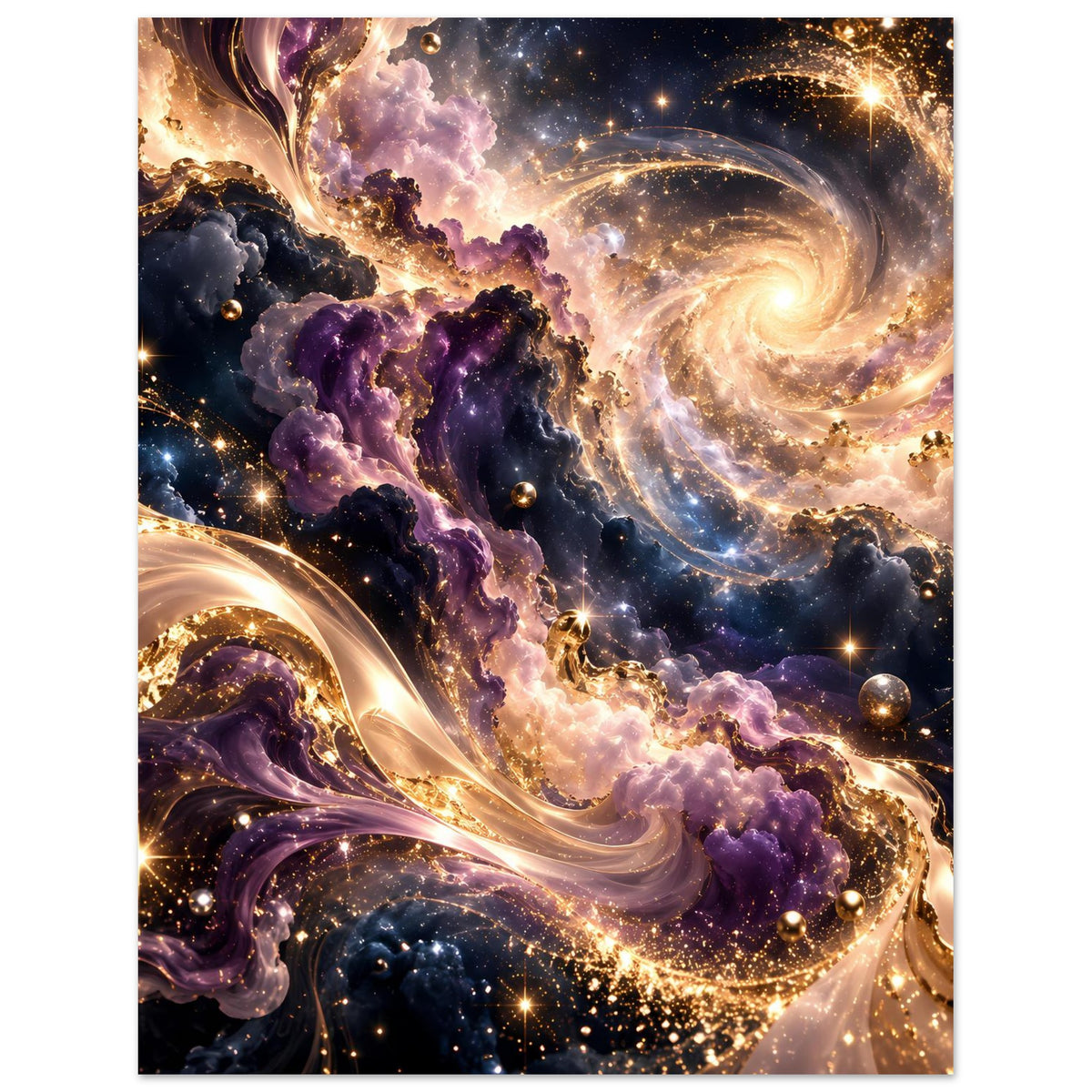 Kunstdruck im Hochformat: goldene Wirbelkanten, violetter Nebel und Planeten im Sternenmeer.