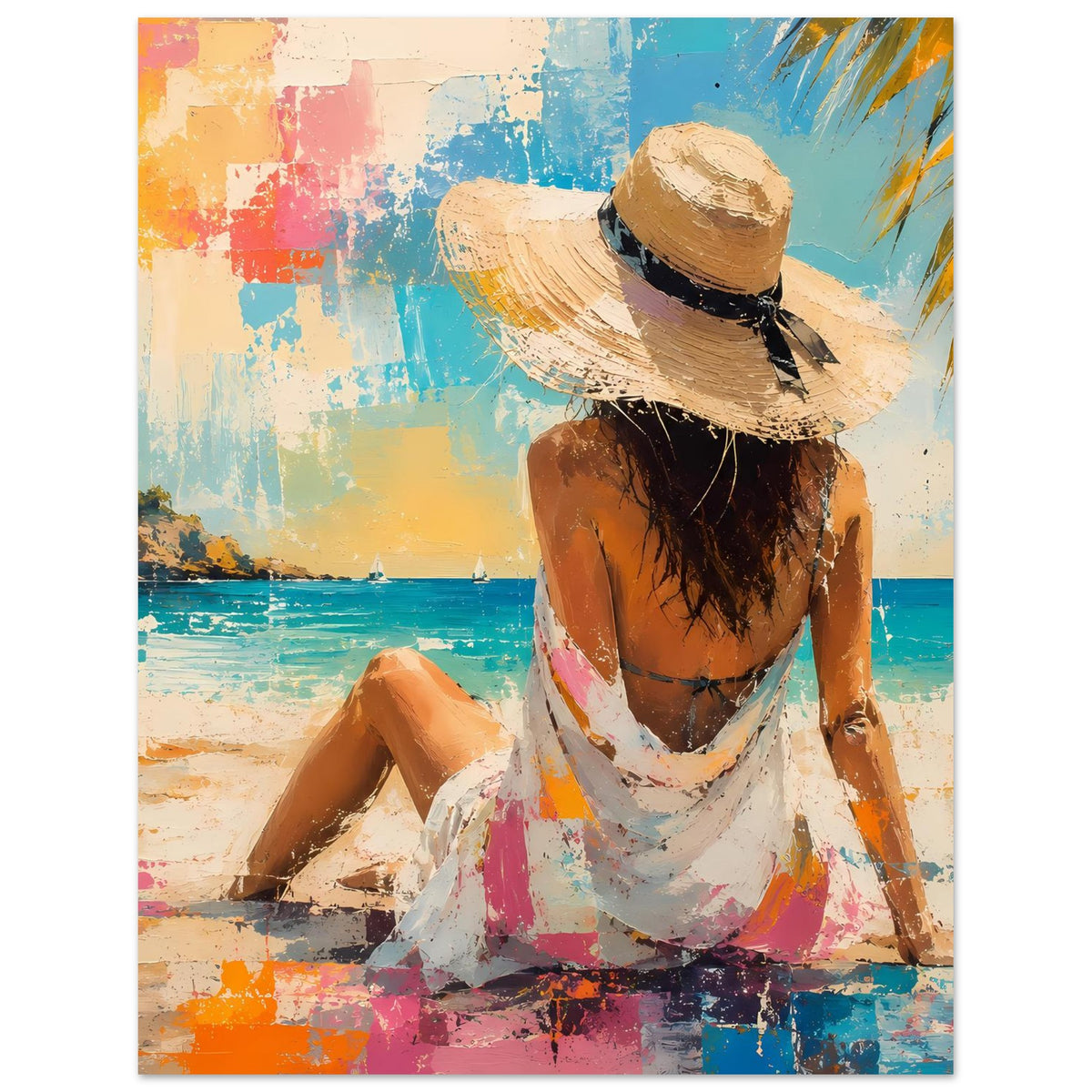 Sommerposter: Frau mit Strohhut sitzt am Strandboden, weißes Kleid, bunte Farbflächen.