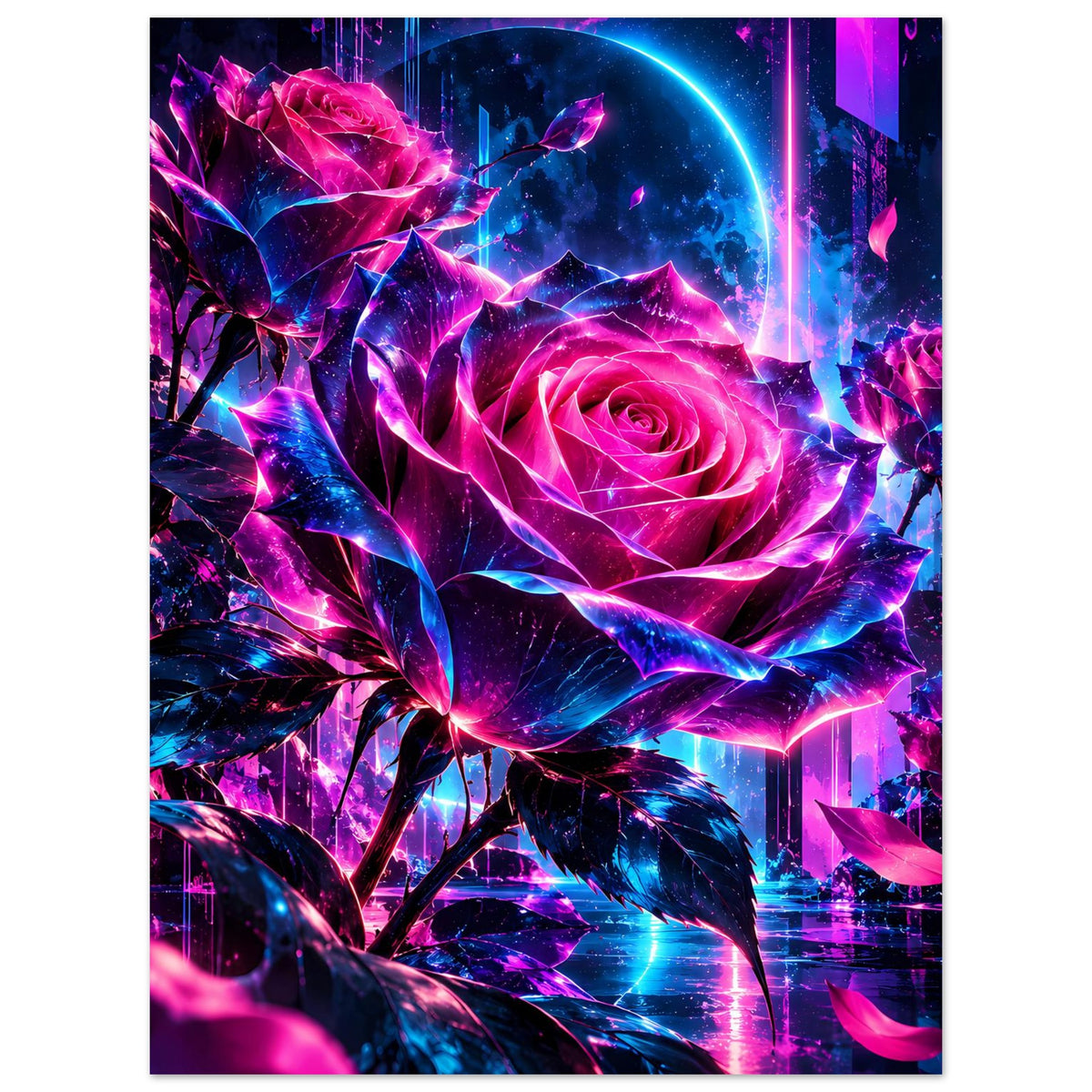Vertikales Kunstposter mit Neonrose im Fokus, Pink und Blau mit funkelndem Hintergrund