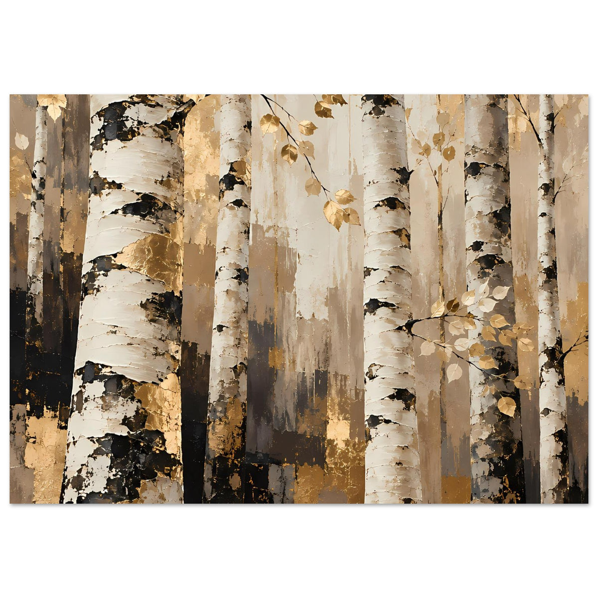 Naturposter mit Birkenstämmen, goldenen Akzenten und Blättern, warmes Braun-Grau-Schwarz