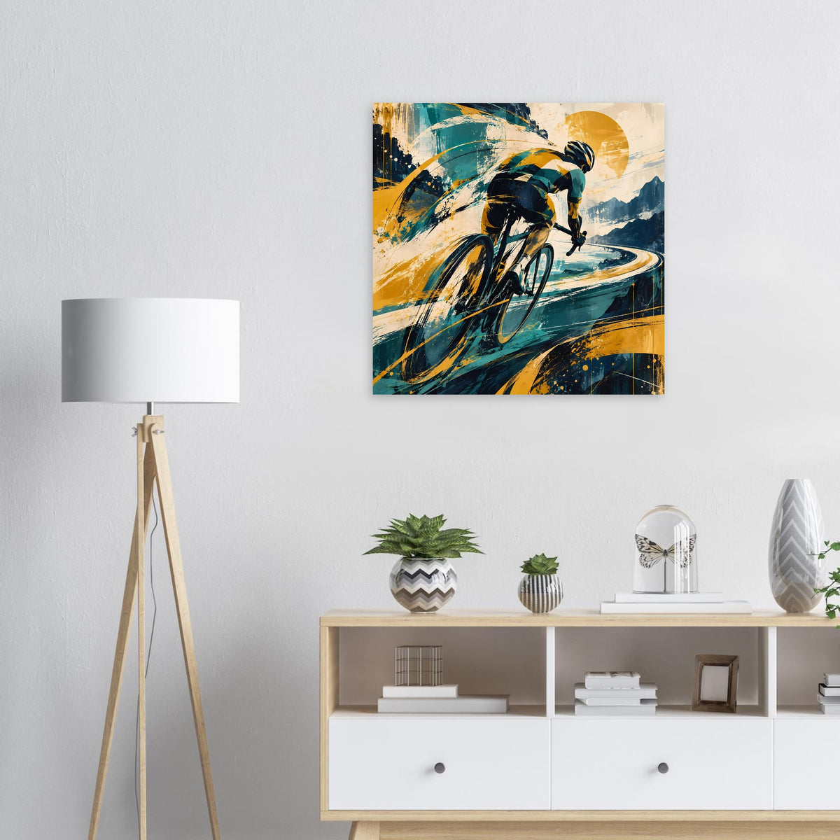 Quadratisches Sportposter mit Radfahrer in Blau und Gelb, dynamische Pinseloptik