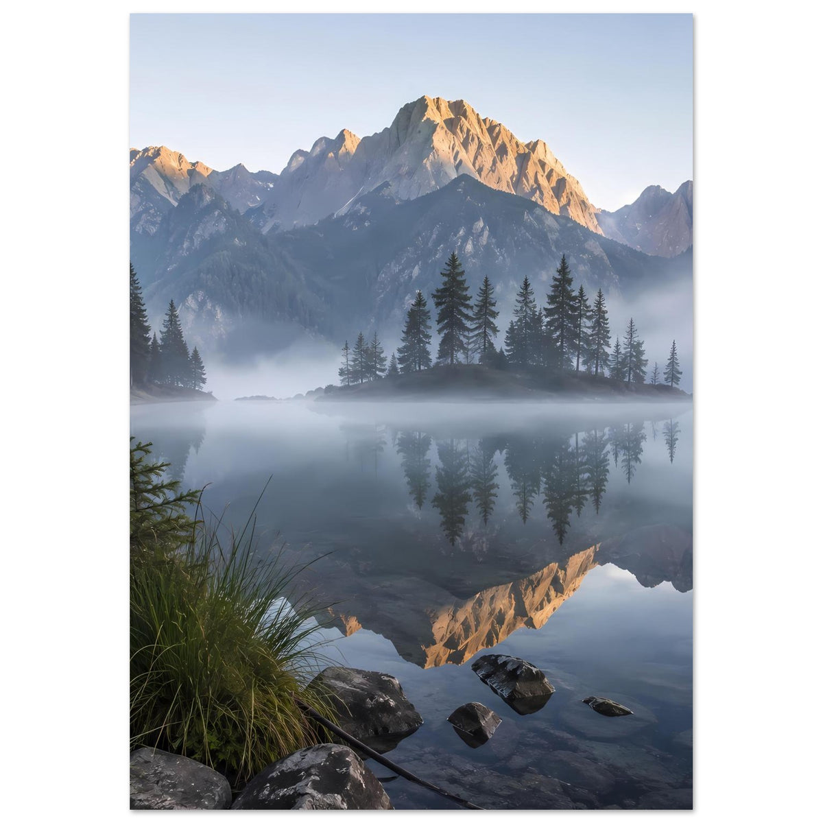 Landschaftsposter im Hochformat mit Bergen, See und Gipfelspiegelung im Morgennebel