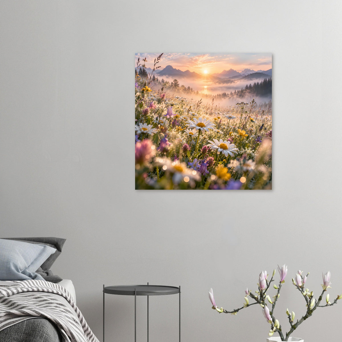 Kleines, gerahmtes Poster mit Wildblumenwiese bei Sonnenaufgang und Bergnebel