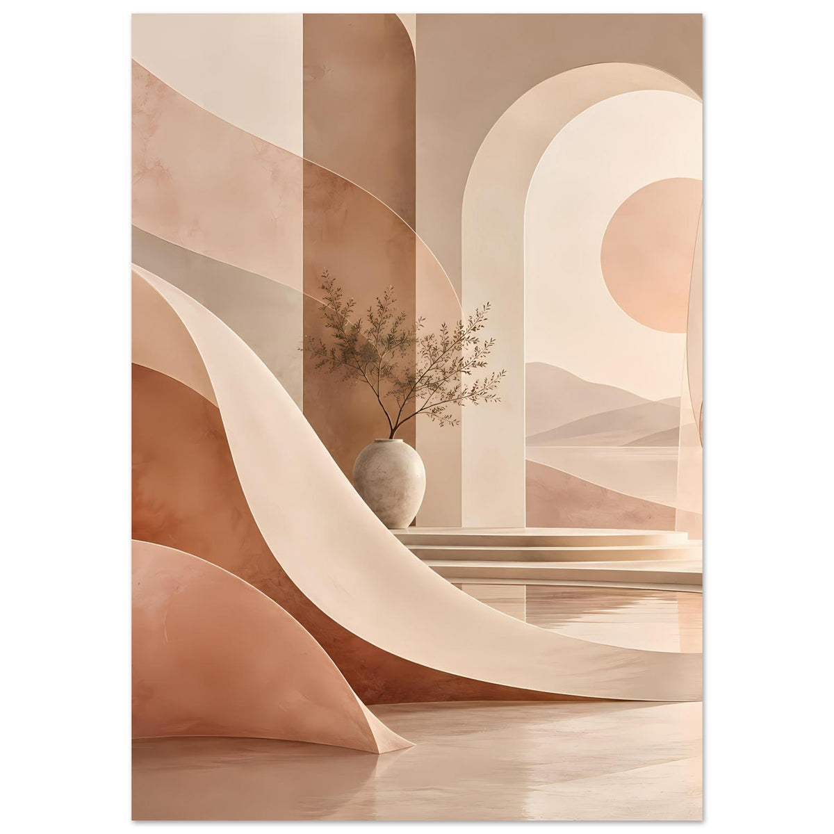 Abstraktes Poster im Hochformat mit geschwungenen Bögen in Beige/Braun und Vase