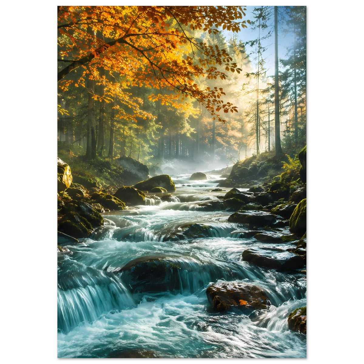 Wandposter im Hochformat: Wildbach zwischen Felsen, Wasserfall mit grünlich-blauem Schaum