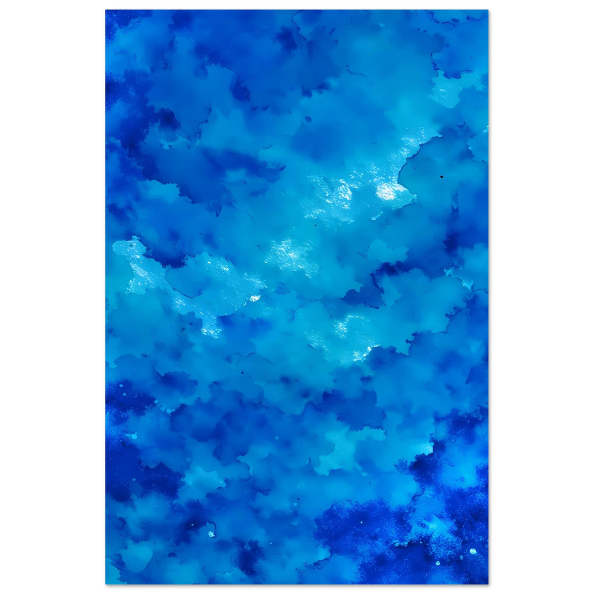 Abstraktes Poster in Blau mit aquafarbenen Flecken und glitzerndem Lichtpunkt