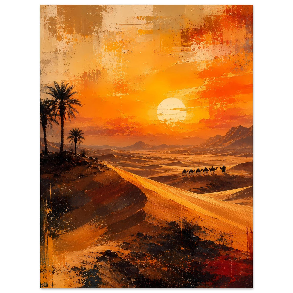 Wüstenposter mit Palmen, Karawane auf Sandpfad und Sonne im orangefarbenen Sonnenuntergang