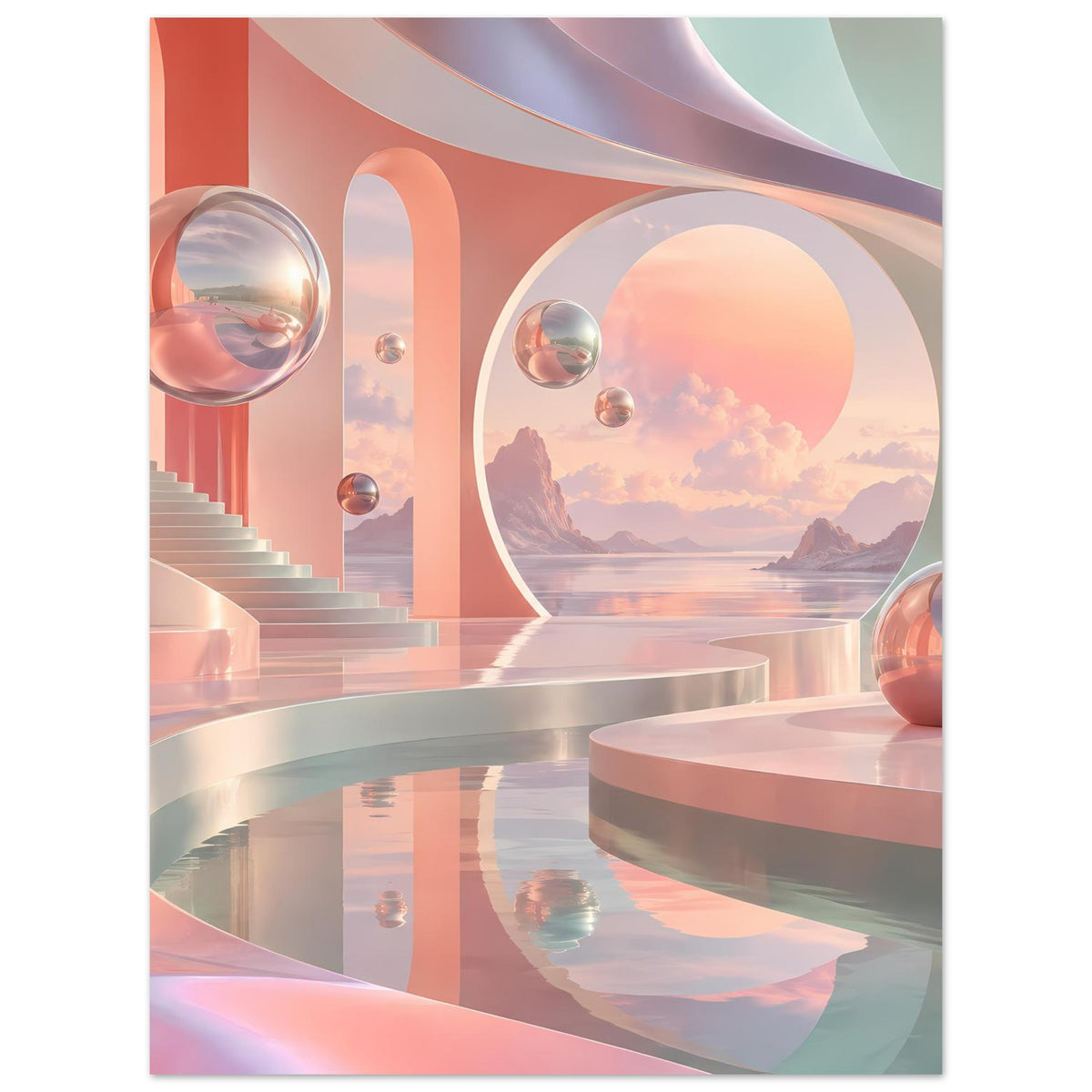 Surreales Poster mit Pastell-Landschaft, großen Rundbogen-Formen und schwebenden Glaskugeln.