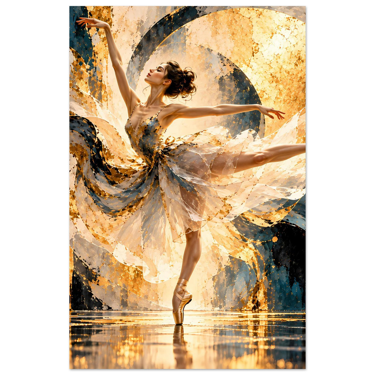 Kunstposter im Hochformat: Balletttänzerin auf Zehenspitzen, beiges Kleid, gold- blau abstrakt