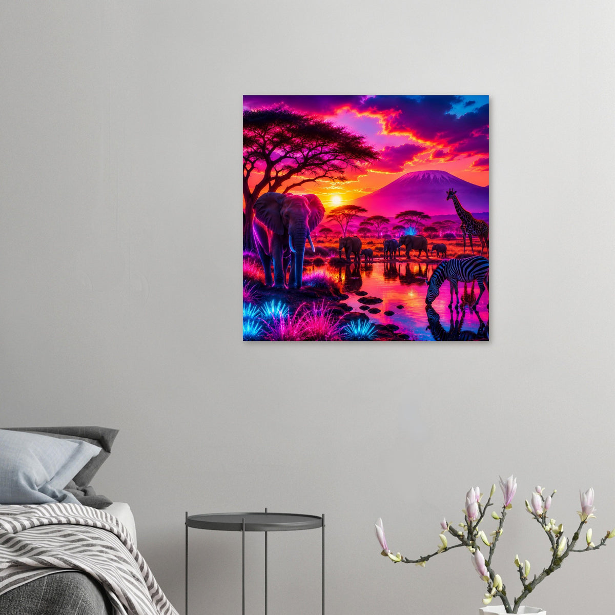 Kleines quadratisches Poster mit Elefant, Giraffe und Zebra bei farbigem Sonnenuntergang