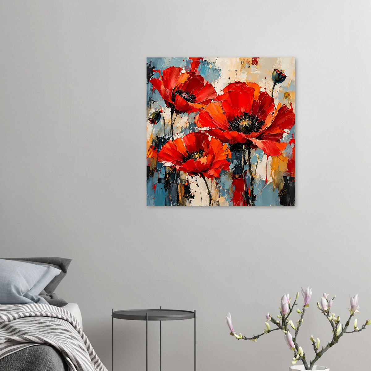 Kleines Wandposter mit roten Mohnblumen im Querformat, abstrakt auf mattem Papier