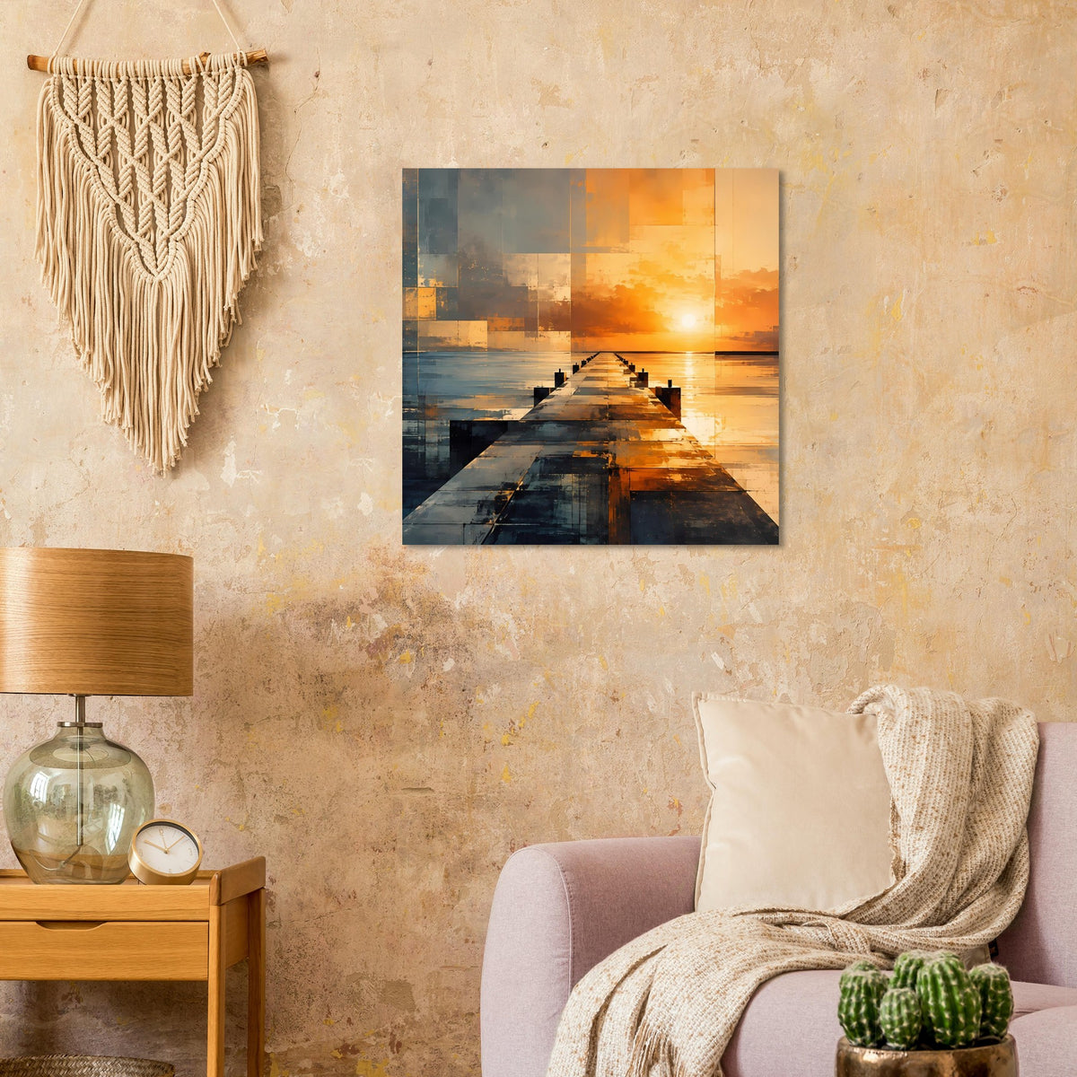 Wandposter mit abstraktem Steg zum Sonnenuntergang, blau-oranges Farbfelder