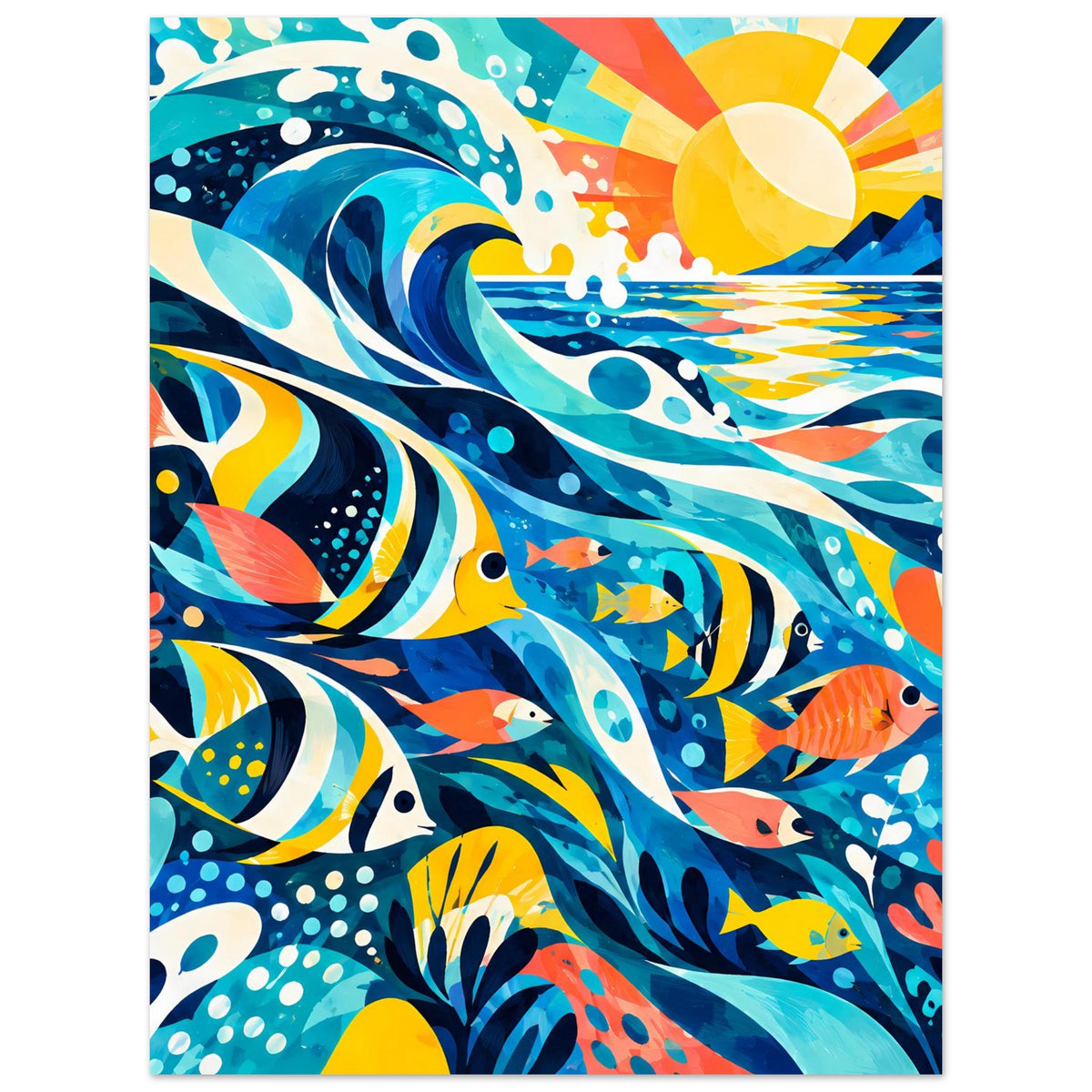 Hochformat-Poster mit farbenfrohen Fischen im Meer, Wellenlinien und gelb-rote Sonnenstrahlen